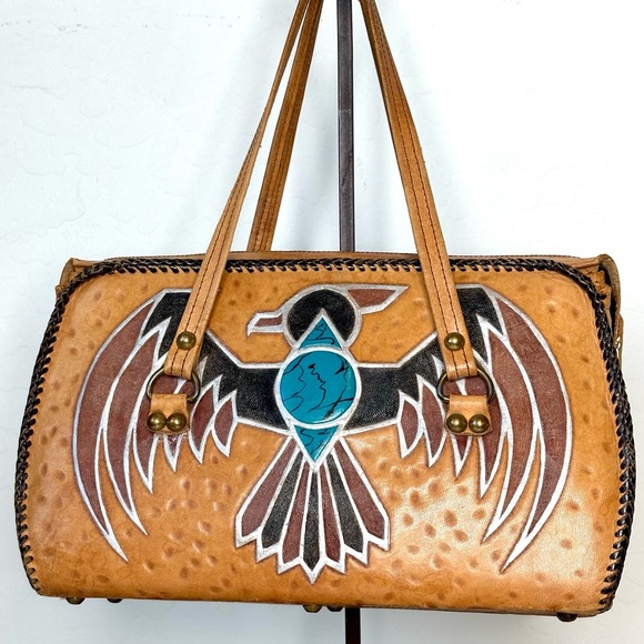 VINTAGE EMBOSSED LEATHER THUNDERBIRD DESIGN-WOVEN LEATHER HANDBAG-Metallic, t - Picture 2 of 16